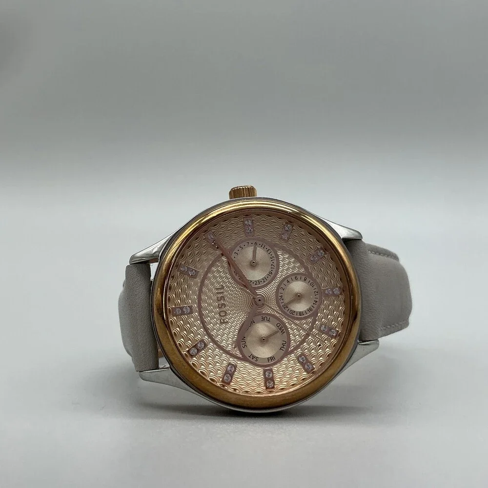Fossil Suitor Womens Watch 36mm Two Tone Beige Leather Multifunction New Battery
